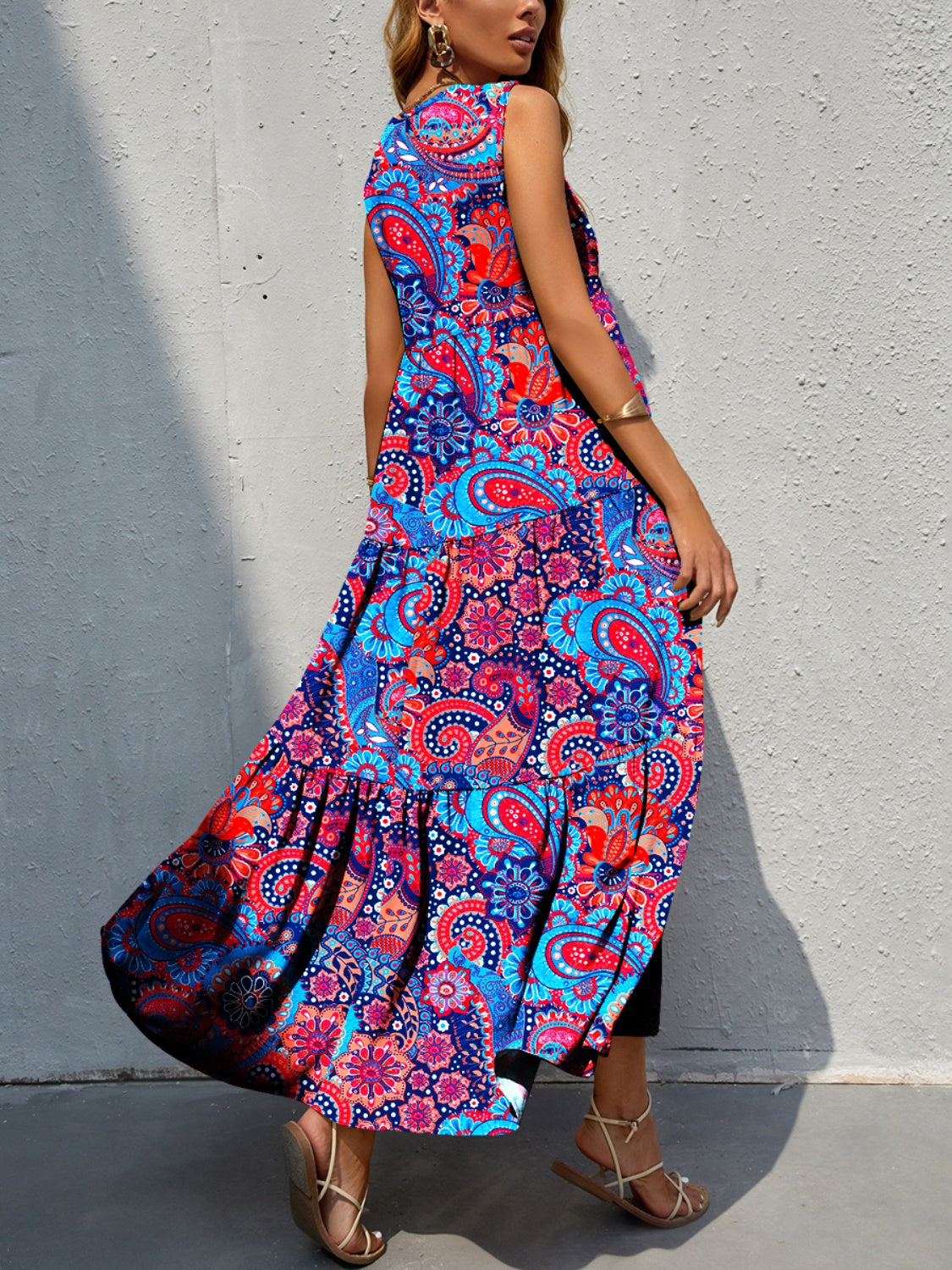 Tiered Printed V-Neck Sleeveless Boho Maxi Dress [Spirit and Rebel]   