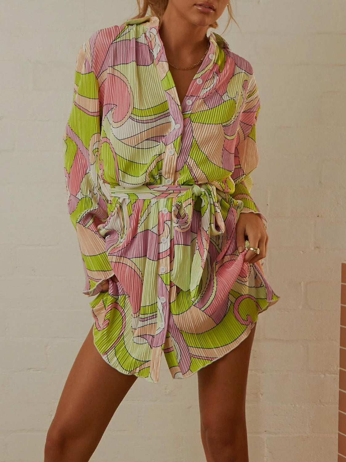 Tied Button Up Long Sleeve Dress - Spirit and Rebel [Spirit and Rebel] Lime S 