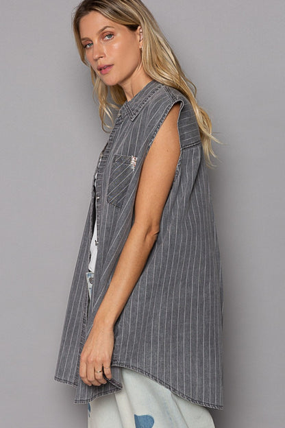 Button Down Sleeveless Striped Denim Boho Shirt - Spirit and Rebel [Spirit and Rebel]   