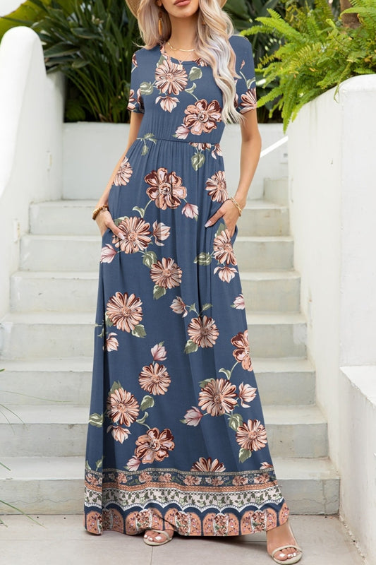 Printed Round Neck Short Sleeve Maxi Boho Dress - Spirit and Rebel [Spirit and Rebel] Dusty Blue S 