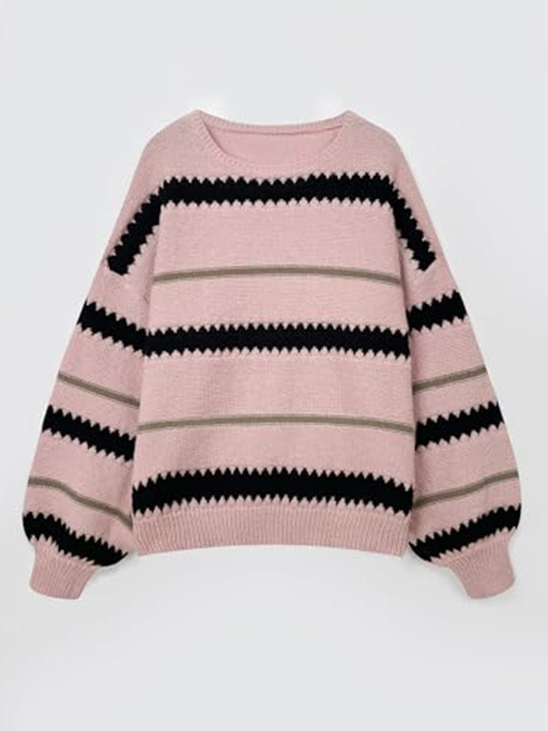 Contrast Striped Round Neck Long Sleeve Sweater [Spirit and Rebel]