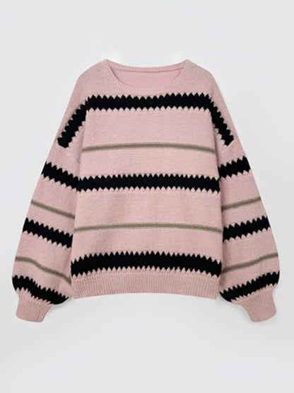 Contrast Striped Round Neck Long Sleeve Sweater [Spirit and Rebel]