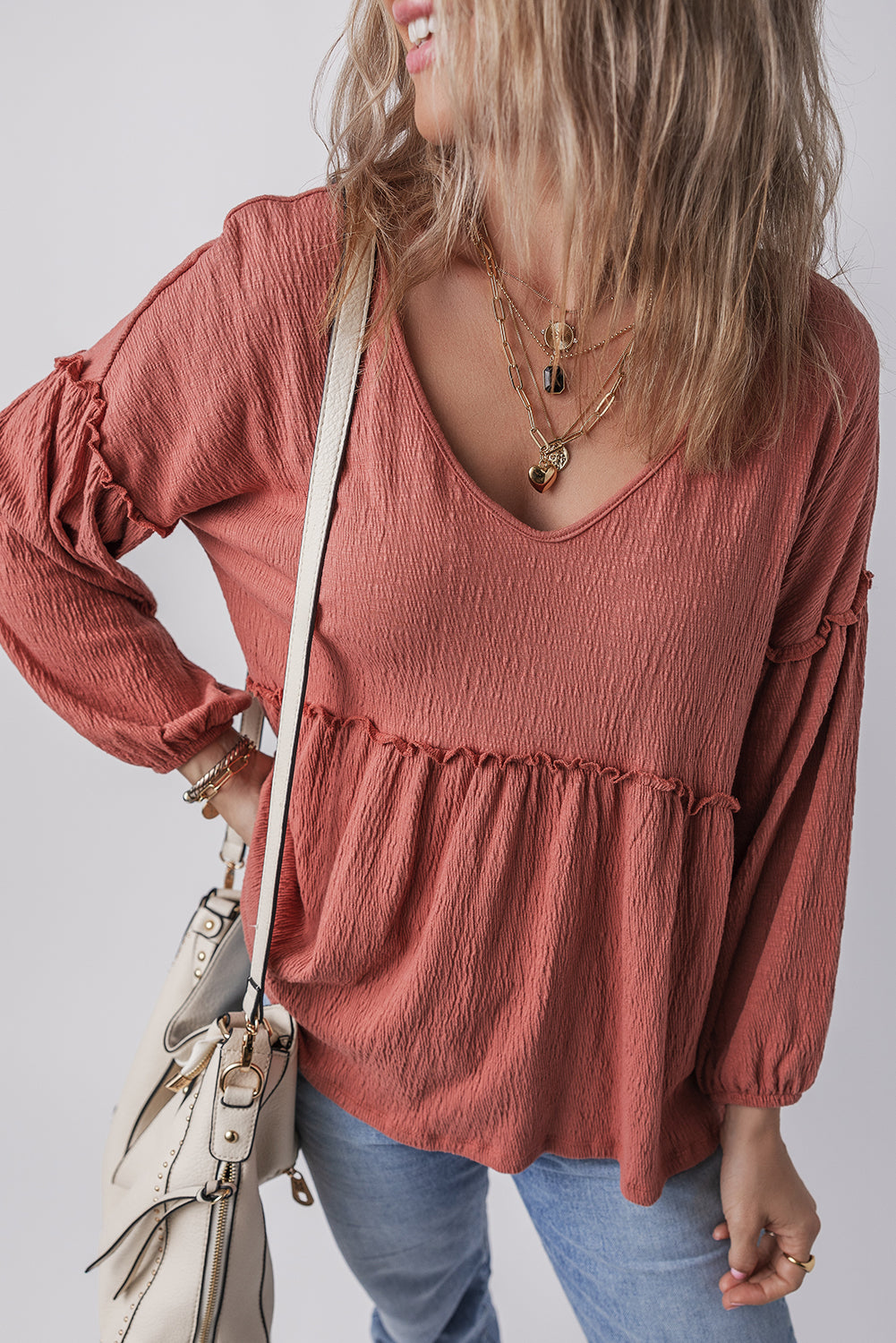 Frill V-Neck Long Sleeve Boho Blouse [Spirit and Rebel]   