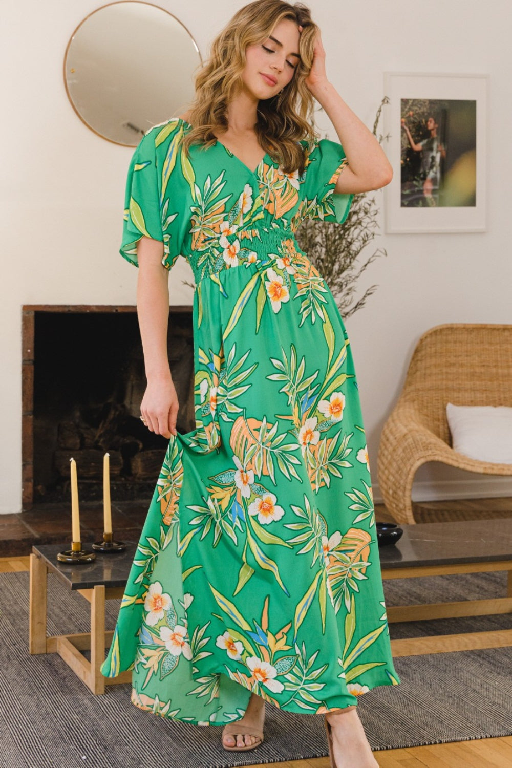 Spirit and Rebel Plus Size Floral Smocked Tied Back Boho Maxi Dress [Spirit and Rebel]   