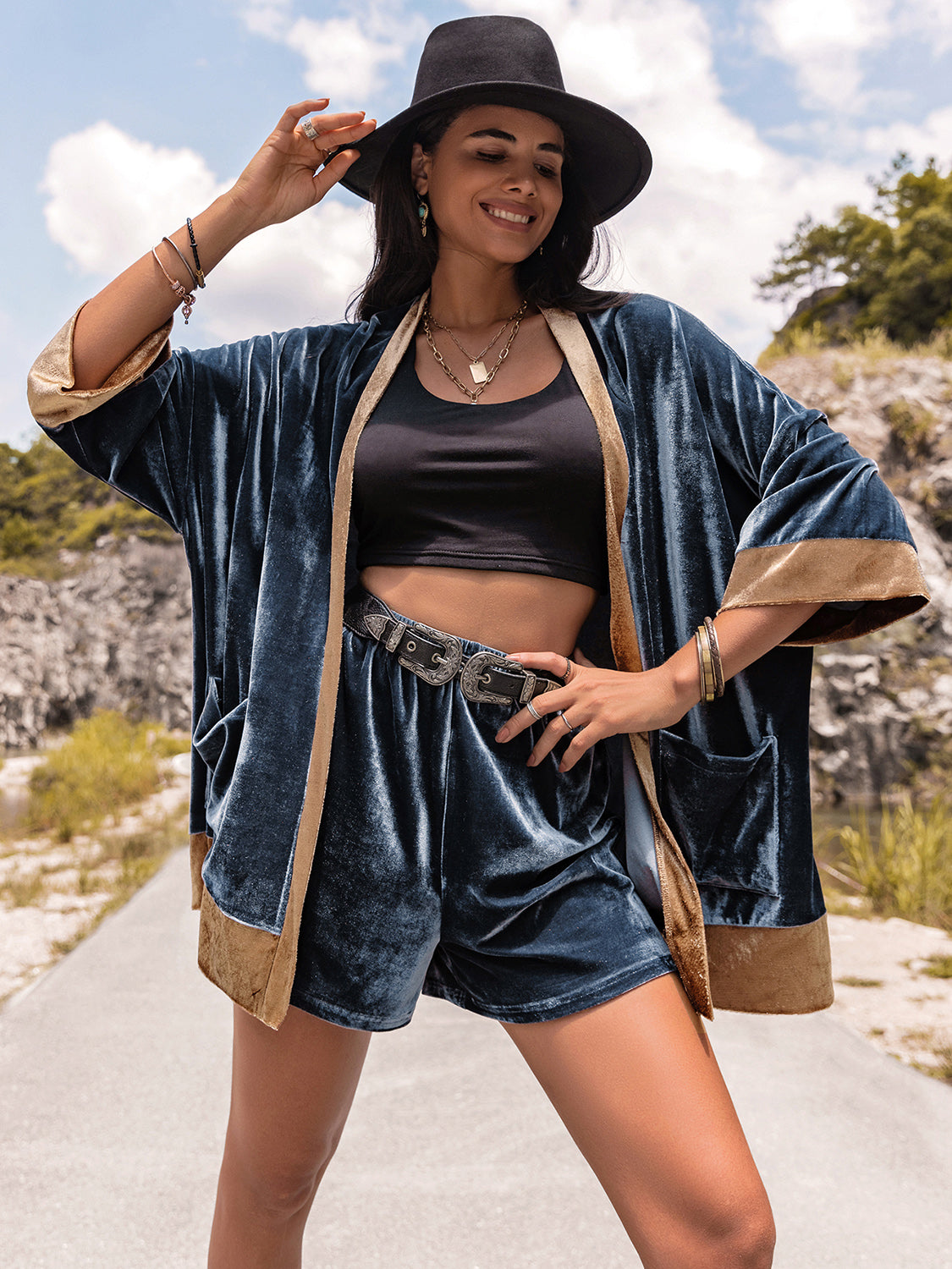 Contrast Open Front Boho Top and Boho Shorts Set - Spirit and Rebel [Spirit and Rebel]   