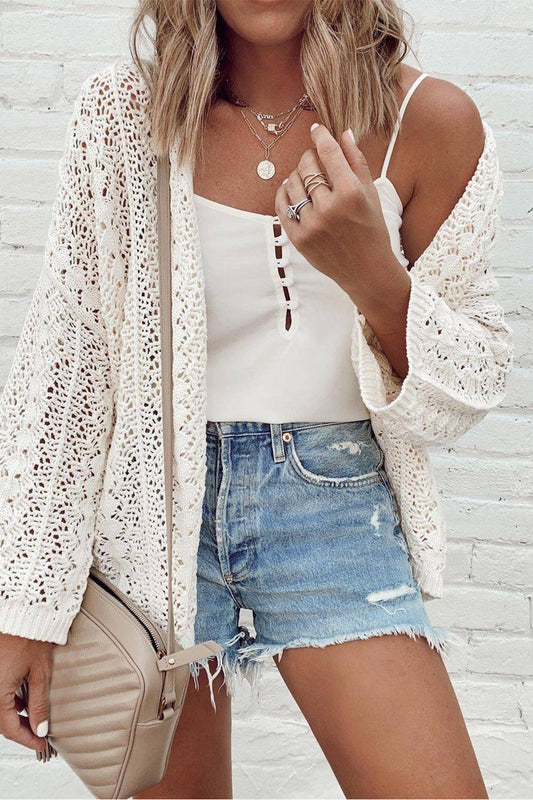 Openwork Open Front Dropped Shoulder Boho Cardigan - Spirit and Rebel [Spirit and Rebel] White S 