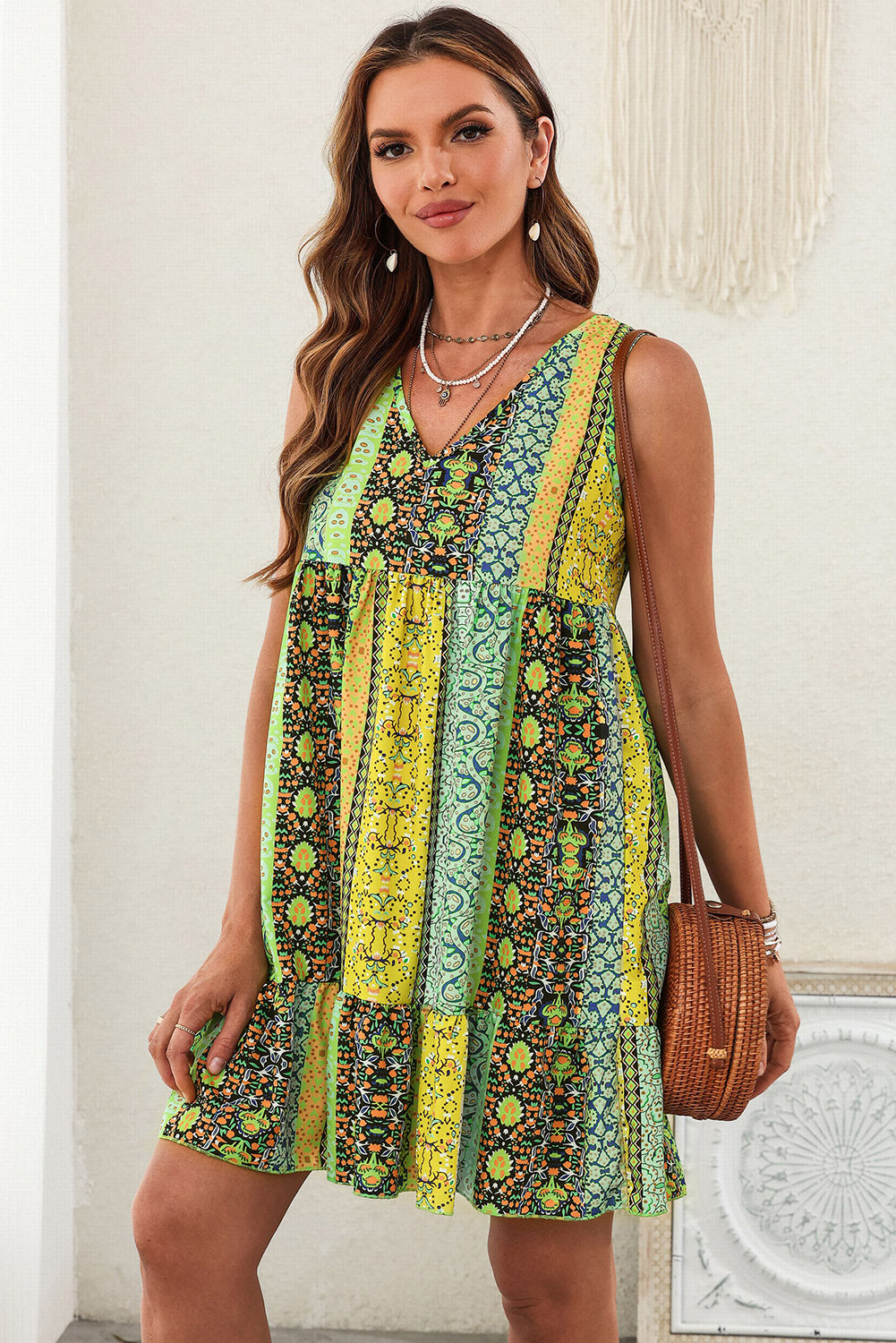 Printed V-Neck Boho Mini Dress [Spirit and Rebel]   