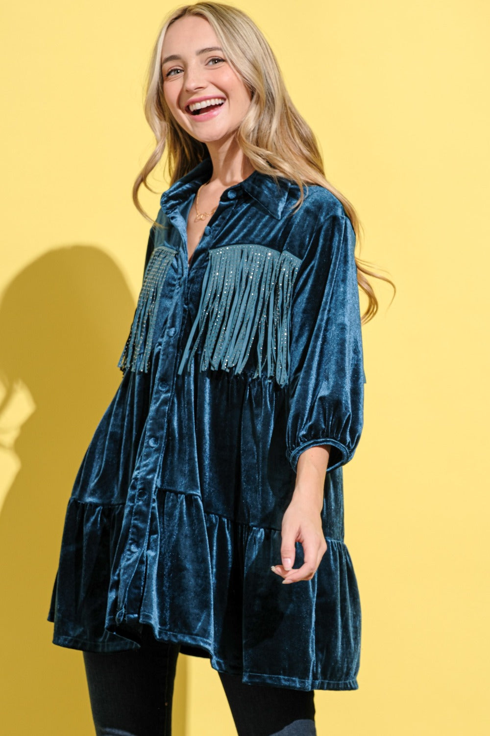 Spirit and Rebel Fringe Detailed Velvet Boho Chic Shirt Dress [Spirit and Rebel]   