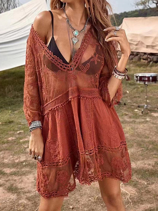 Lace Detail Plunge Cover-Up Boho Dress - Spirit and Rebel [Spirit and Rebel] Rust One Size 