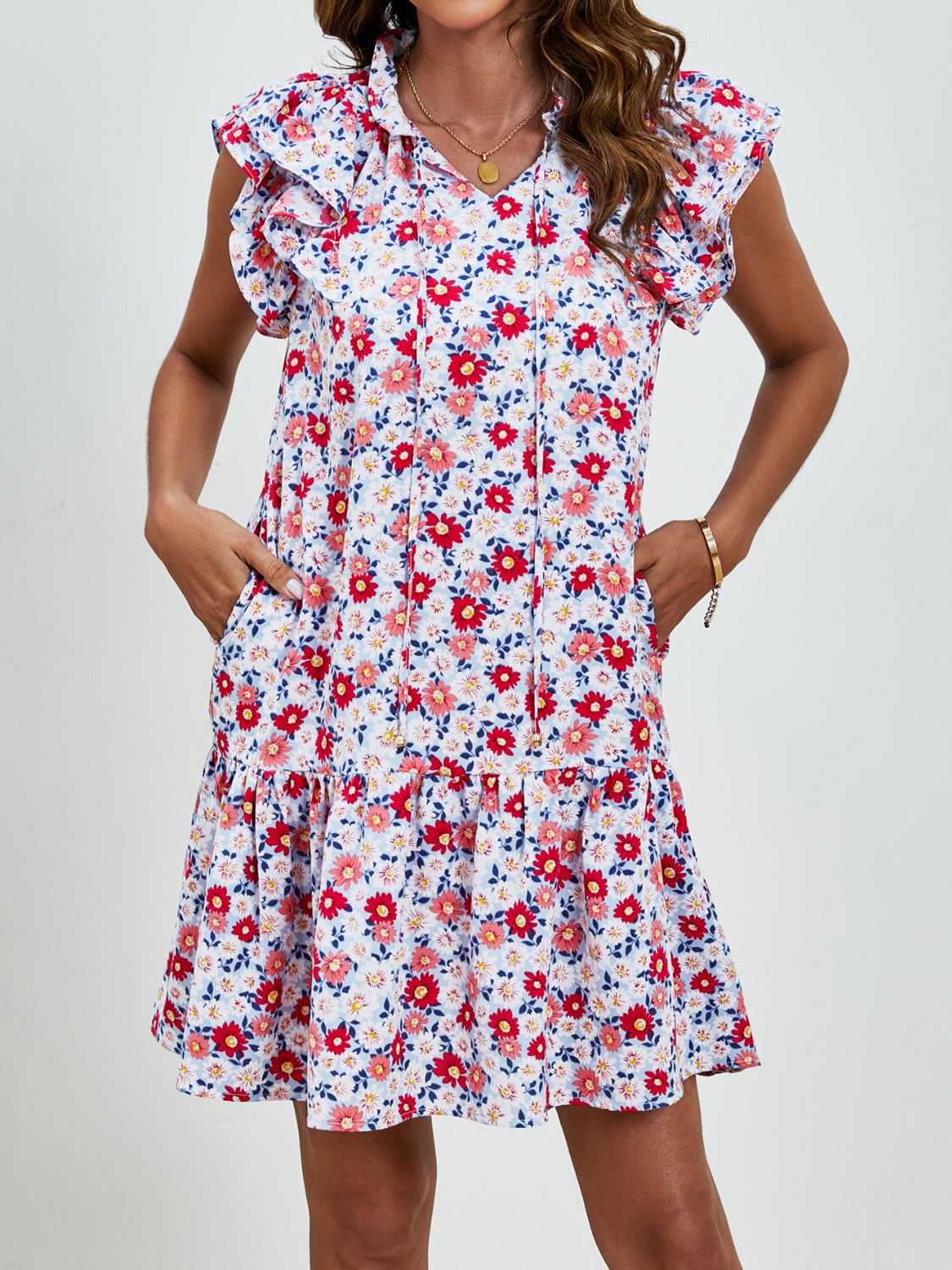 Tied Floral Cap Sleeve Mini Boho Dress - Spirit and Rebel [Spirit and Rebel]   