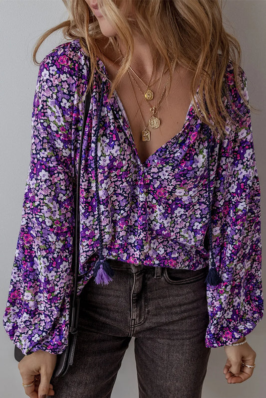 Spirit and Rebel Floral Tie Neck Long Sleeve Bohemian Blouse [Spirit and Rebel] Electric Purple S 