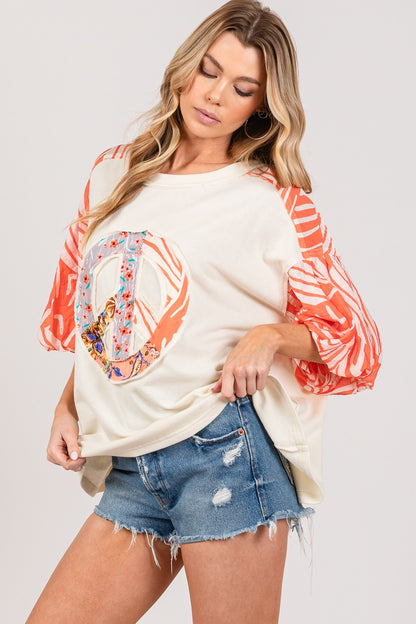 Spirit and Rebel Peace Applique Patch with Zebra Print Contrast Boho Top [Spirit and Rebel]   