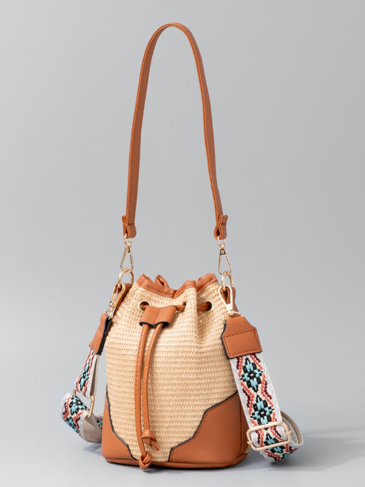 Straw Braided Adjustable Strap Bucket Boho Bag - Spirit and Rebel [Spirit and Rebel] Caramel One Size 