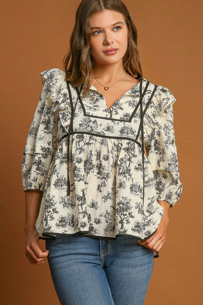 Ruffled Tie Neck Puff Sleeve Babydoll Blouse [Spirit and Rebel] Cream S