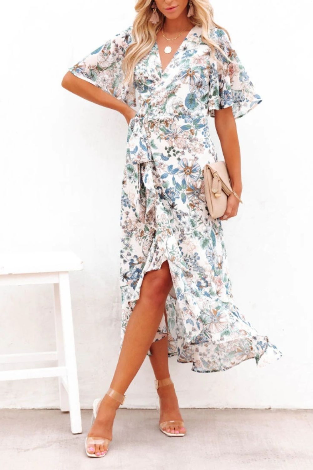 High-Low Printed Surplice Flutter Sleeve Midi Boho Wedding Guest Dress [Spirit and Rebel]   