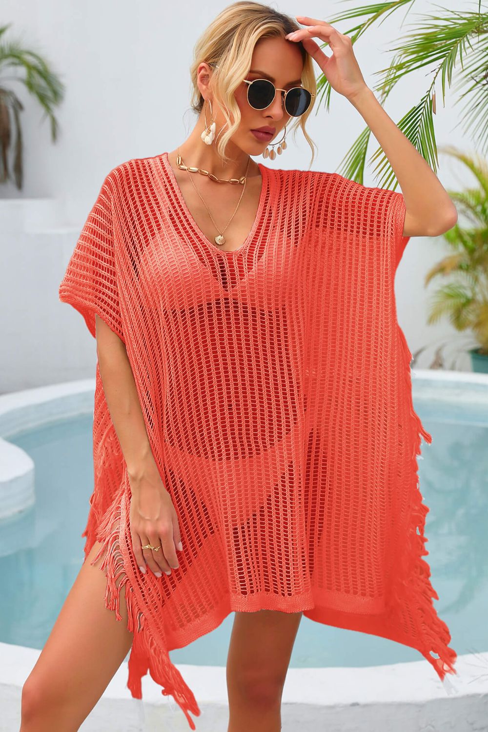 Fringe Trim Openwork Cover Up Sunset and Swim Safety Orange One Size