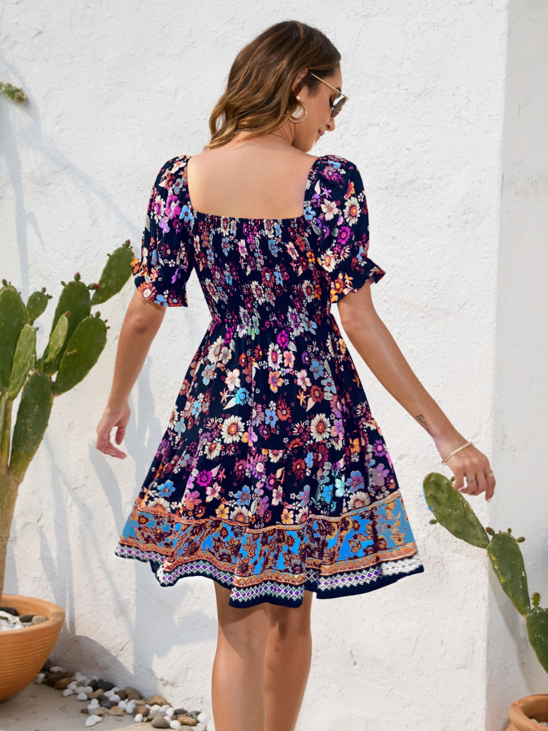 Boho Chic  Printed Square Neck Short Sleeve Dress [Spirit and Rebel]   