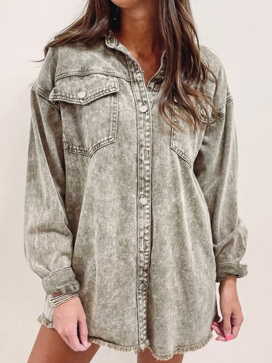 Raw Hem Button Up Denim Boho Jacket [Spirit and Rebel] Sage S