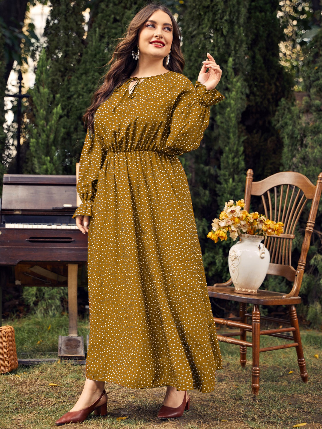 Plus Size Ruffled Polka Dot Long Sleeve Midi Dress - Spirit and Rebel [Spirit and Rebel]   