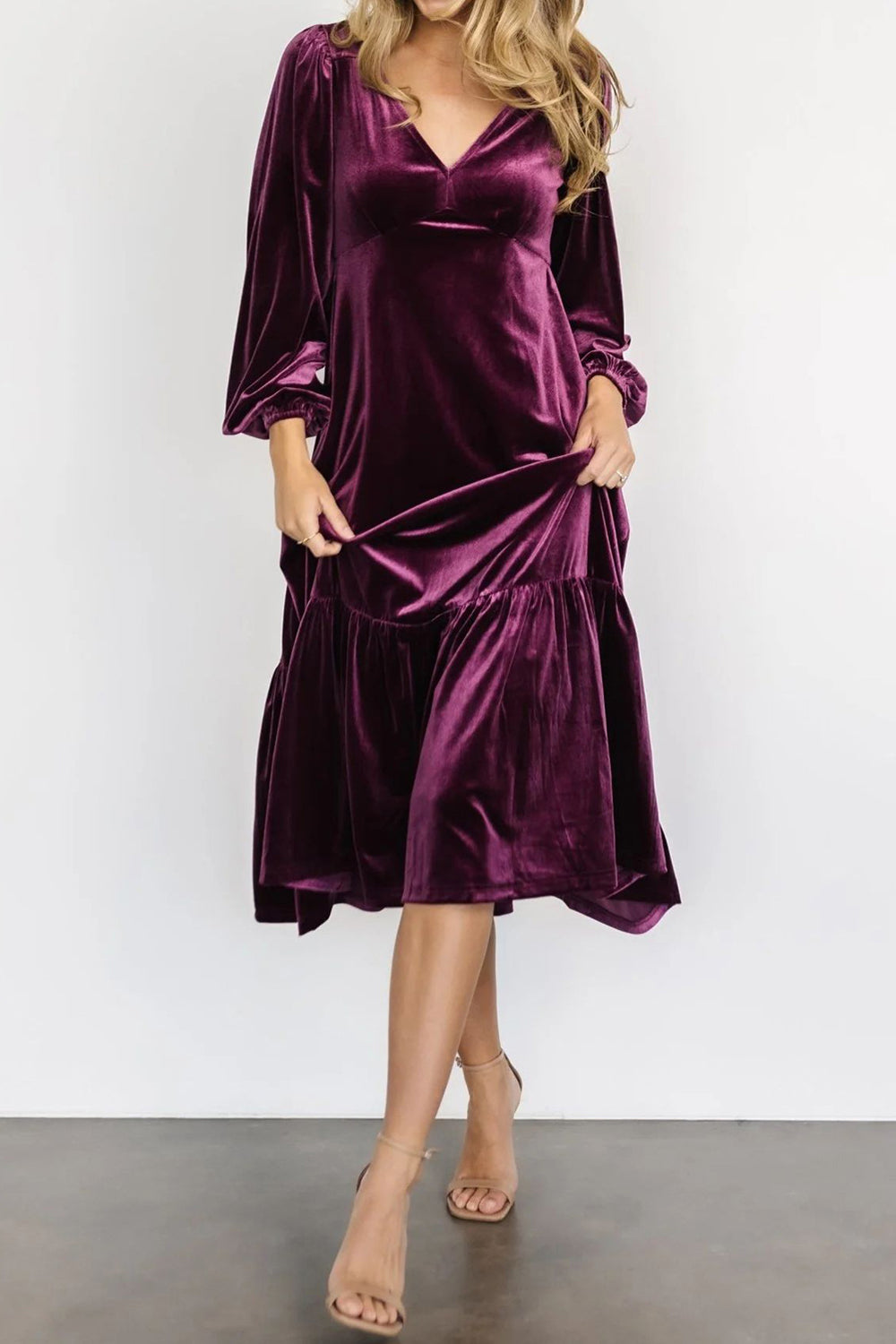 V-Neck Long Sleeve Midi Velvet Dress [Spirit and Rebel] Violet S