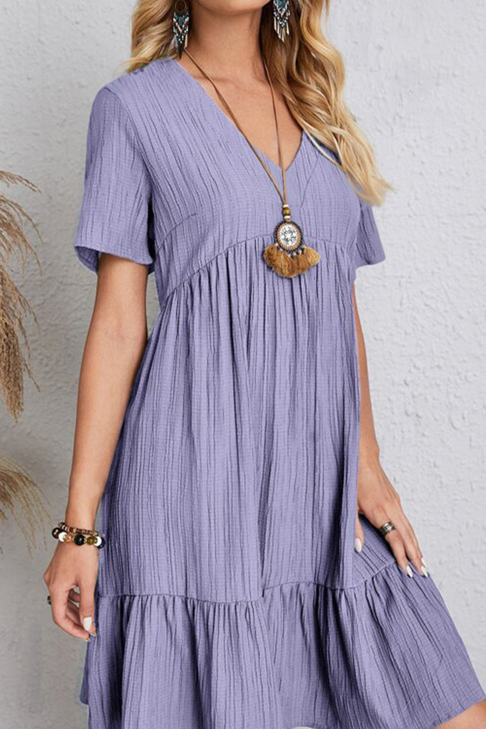 Boho Chic  Plus Size Ruched V-Neck Short Sleeve Dress [Spirit and Rebel]   