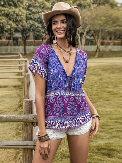 Printed Tie Neck Short Sleeve Boho Blouse - Spirit and Rebel [Spirit and Rebel]   