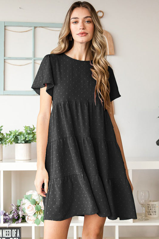 Swiss Dot Short Sleeve Tiered Boho Dress - Spirit and Rebel [Spirit and Rebel] Black S 