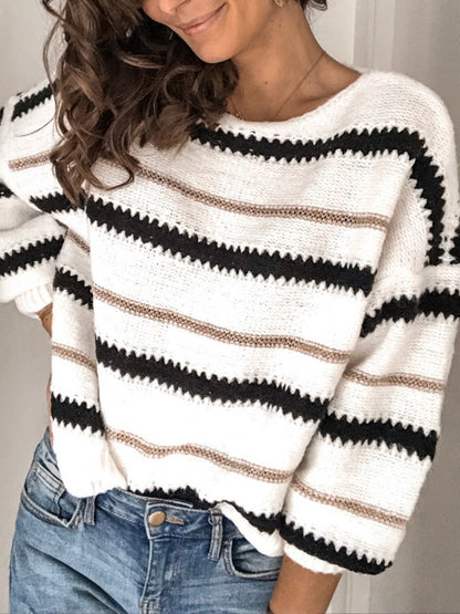 Contrast Striped Round Neck Long Sleeve Sweater [Spirit and Rebel]