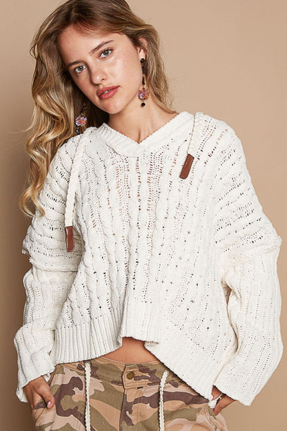 Spirit and Rebel Rib Weave Sleeves Hooded Cable Knit Boho Sweater [Spirit and Rebel] Cream S 