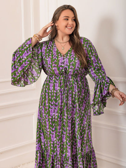 Plus Size Printed V-Neck Long Sleeve Maxi Dress - Spirit and Rebel [Spirit and Rebel]   