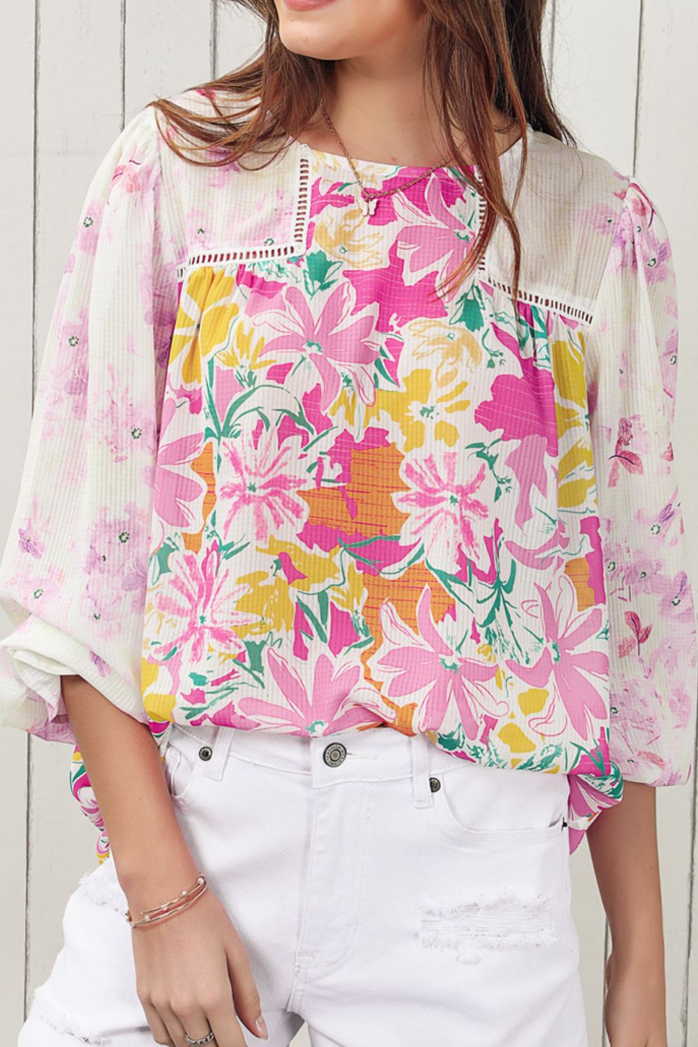 Floral Round Neck Flounce Sleeve Blouse [Spirit and Rebel]