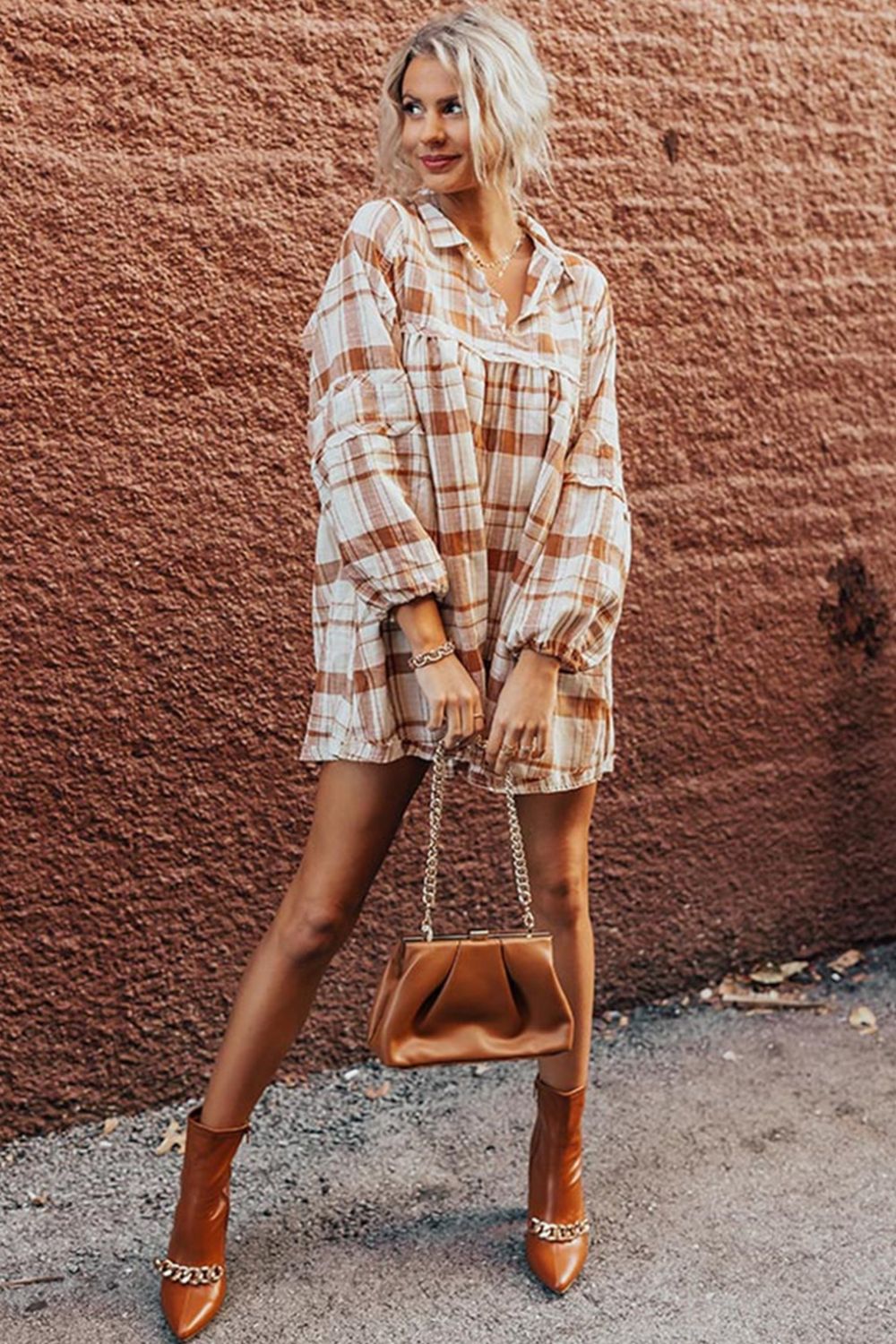 Spirit and Rebel Plaid Collared Neck Long Sleeve Mini Boho Chic Shirt Dress [Spirit and Rebel]   