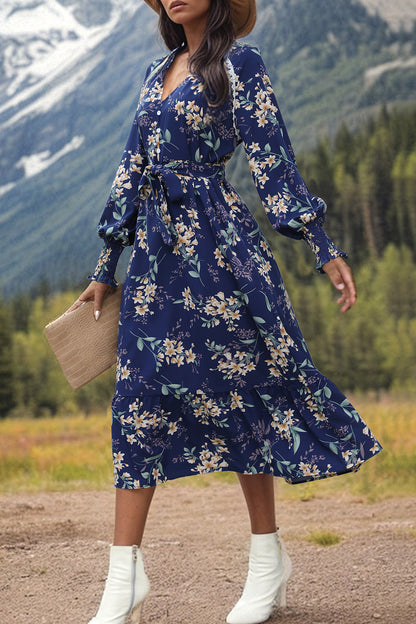 Printed Notched Lantern Sleeve Boho Midi Dress [Spirit and Rebel]   