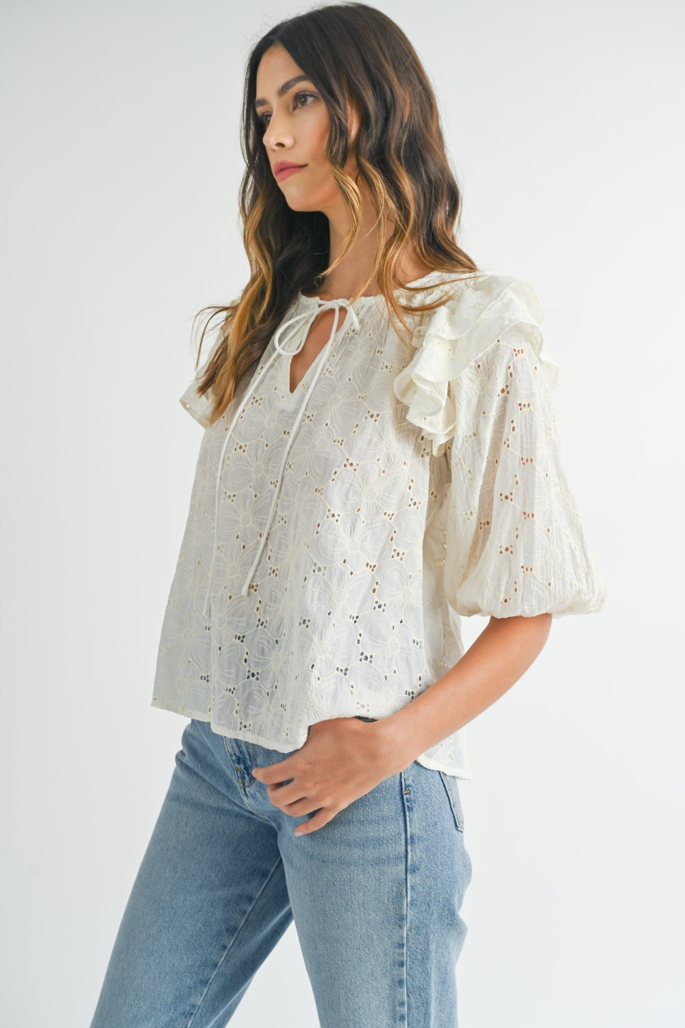 Eyelet Lace Ruffle Shoulder Puff Sleeve Boho Blouse - Spirit and Rebel [Spirit and Rebel]   