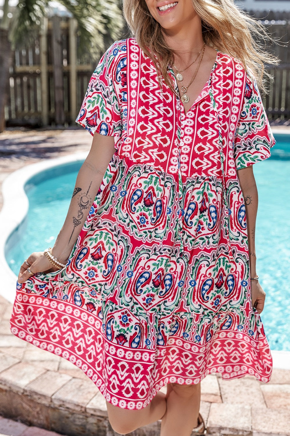 Boho Chic  Printed Tie Neck Short Sleeve Dress [Spirit and Rebel]   