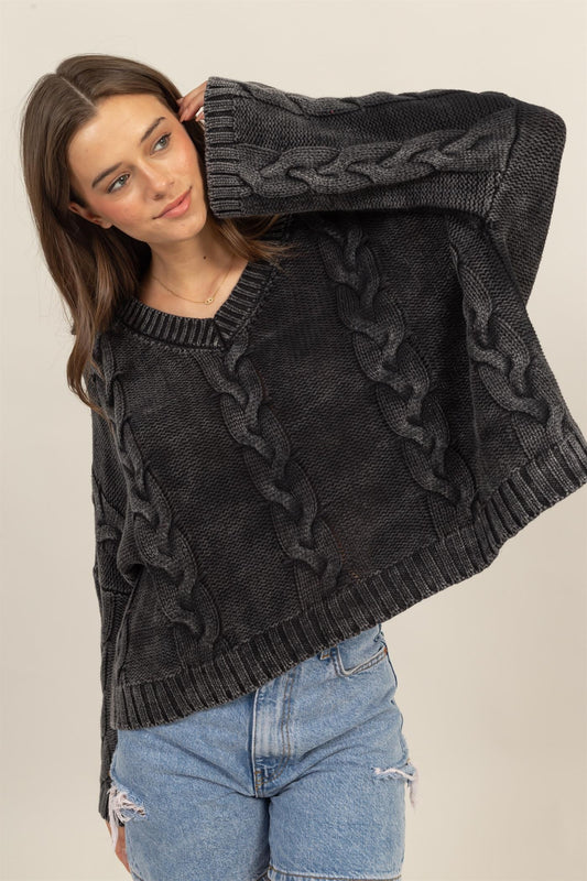 Spirit and Rebel Cable Knit V-Neck Dropped Shoulder Oversized Boho Sweater [Spirit and Rebel] Charcoal S 