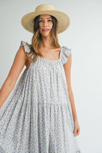 Floral Ruffle Shoulder Tiered Midi Boho Dress - Spirit and Rebel [Spirit and Rebel]   