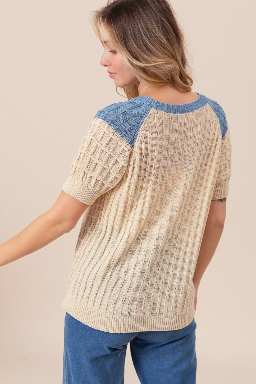 Textured Contrast Short Sleeve Boho Sweater - Spirit and Rebel [Spirit and Rebel]   