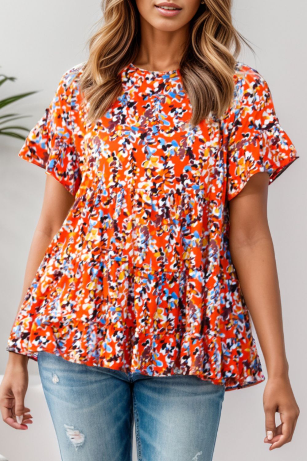 Plus Size Floral Round Neck Tiered Blouse [Spirit and Rebel] Multicolor 1X 