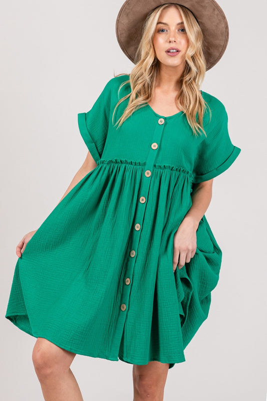 Plus Size Button Up Short Sleeve Boho Dress - Spirit and Rebel [Spirit and Rebel] Kelly Green S 