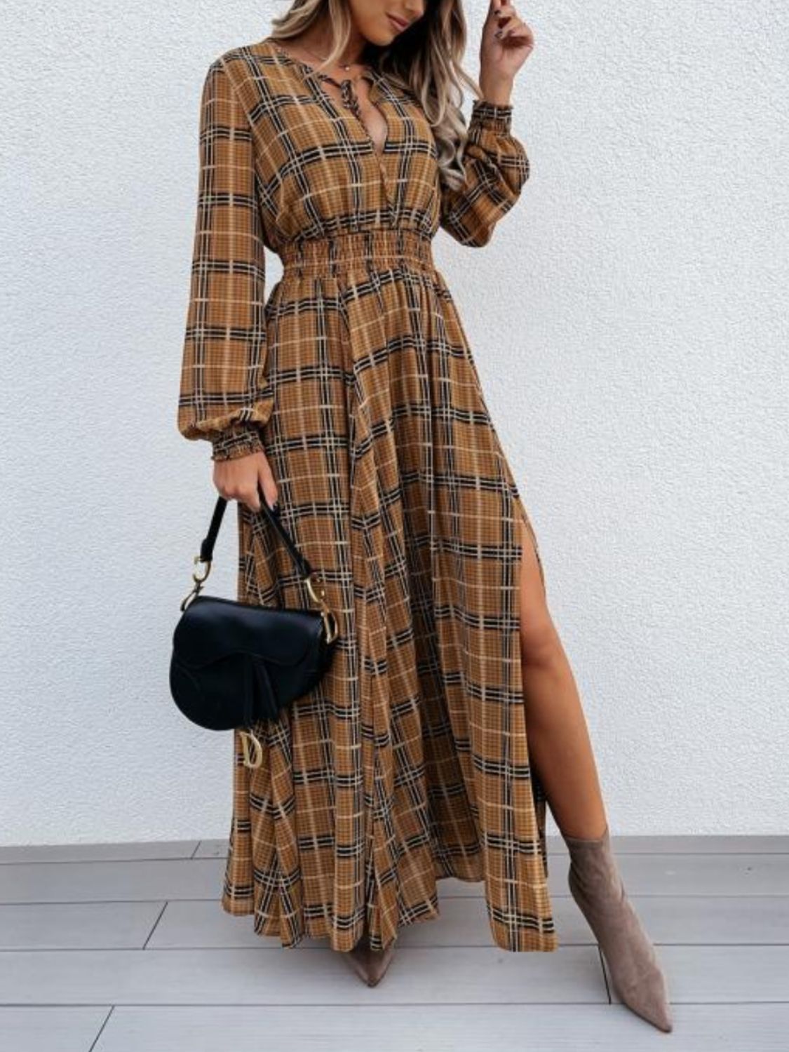 Slit Plaid Tie Neck Long Sleeve Maxi Dress - Spirit and Rebel [Spirit and Rebel] Camel S 