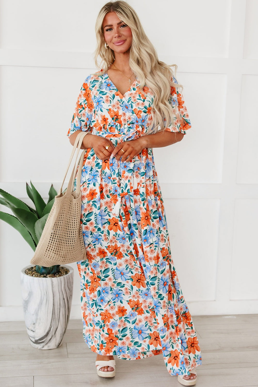 Tied Slit Printed Half Sleeve Maxi Boho Dress - Spirit and Rebel [Spirit and Rebel]   