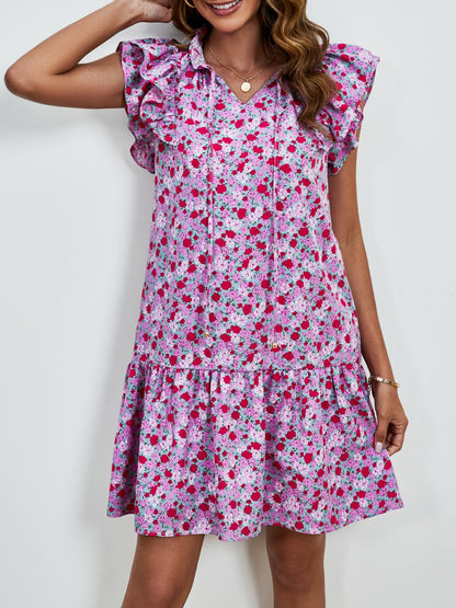 Tied Floral Cap Sleeve Mini Boho Dress - Spirit and Rebel [Spirit and Rebel]   