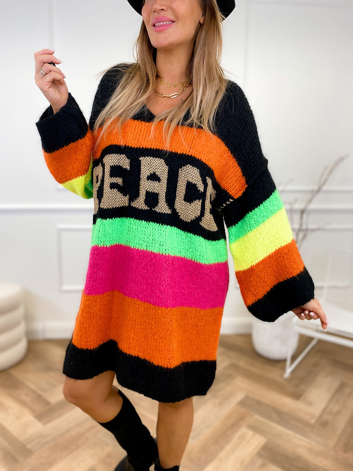 Color Block V-Neck Long Sleeve Boho Sweater Dress - Spirit and Rebel [Spirit and Rebel]   