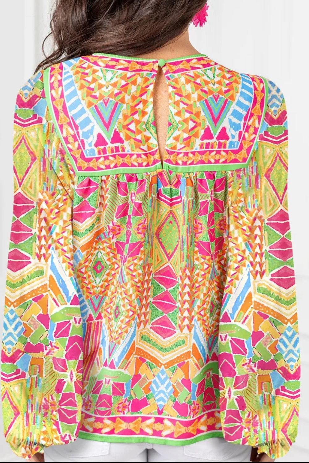 Spirit and Rebel Geometric Printed Round Neck Long Sleeve Bohemian Blouse [Spirit and Rebel]   