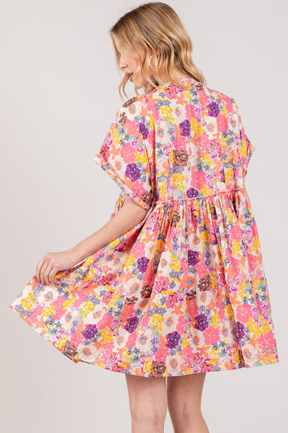 Floral Short Sleeve Babydoll Boho Dress with Pockets - Spirit and Rebel [Spirit and Rebel]   