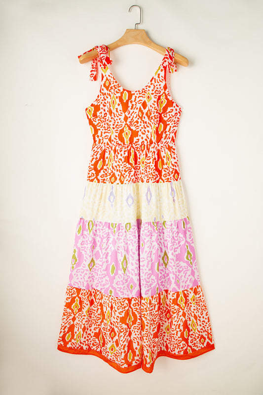 Tied Leopard Scoop Neck Sleeveless Midi Boho Dress - Spirit and Rebel [Spirit and Rebel] Orange S 