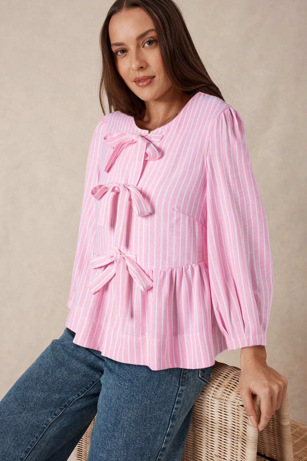 Tied Bow Striped Round Neck Boho Blouse [Spirit and Rebel]   