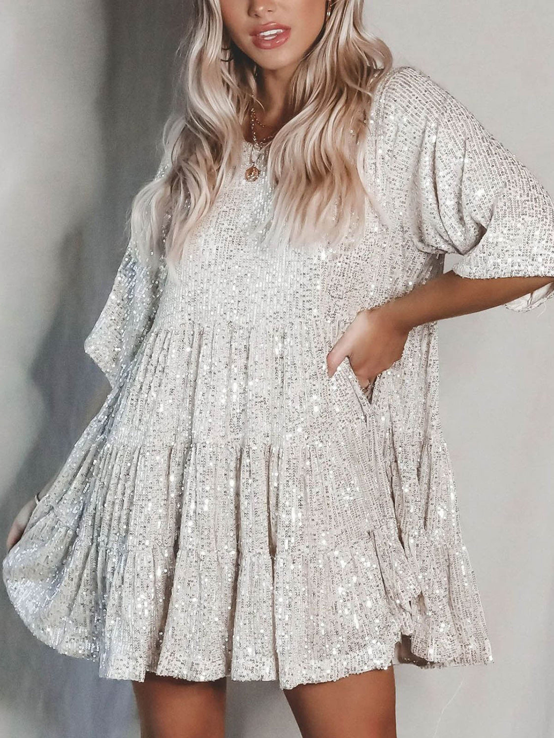 Plus Size Sequin Round Neck Half Sleeve Mini Boho Dress - Spirit and Rebel [Spirit and Rebel] White S 