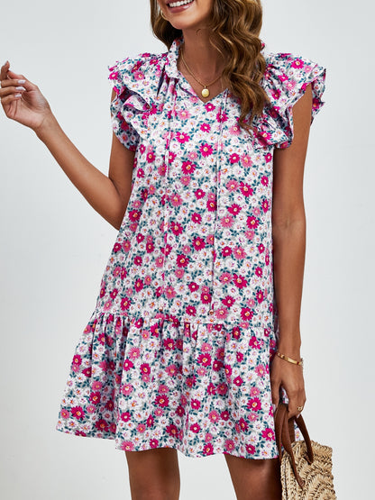 Tied Floral Cap Sleeve Mini Boho Dress - Spirit and Rebel [Spirit and Rebel]   